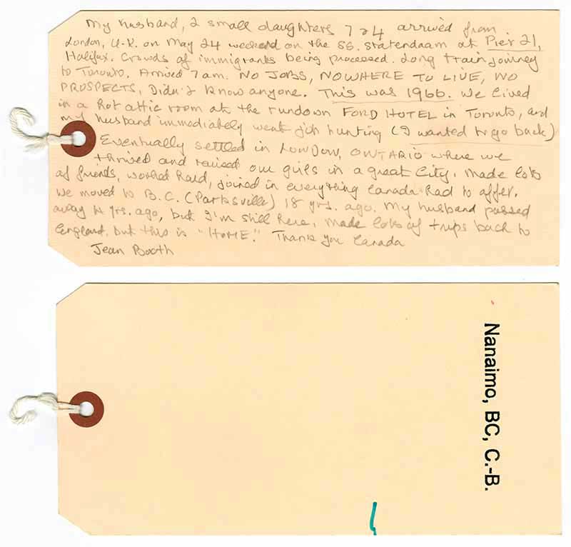 Brown tag paper with a written description of the travel journey of Jean Booth.